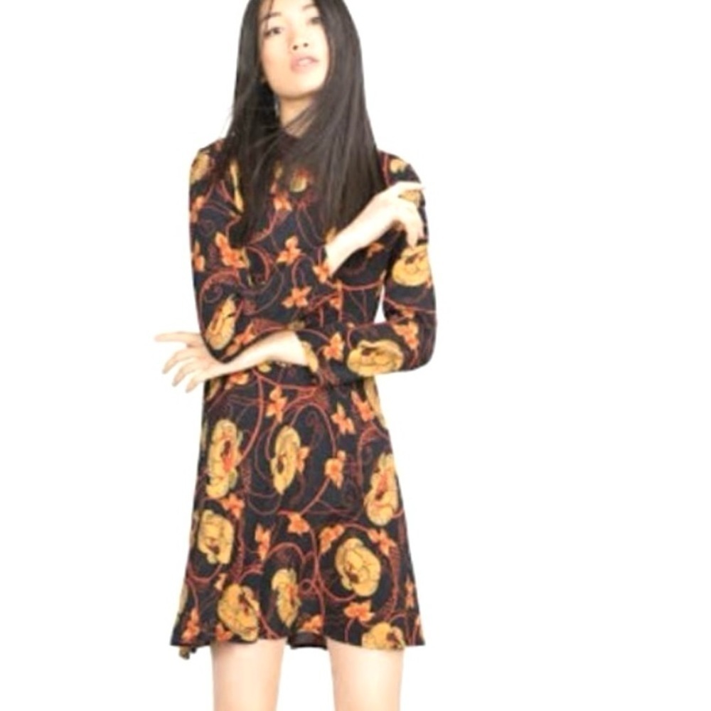 ZARA 70s High Neck Zip Long Sleeve Printed Flounce Tunic Short Stretch Dress